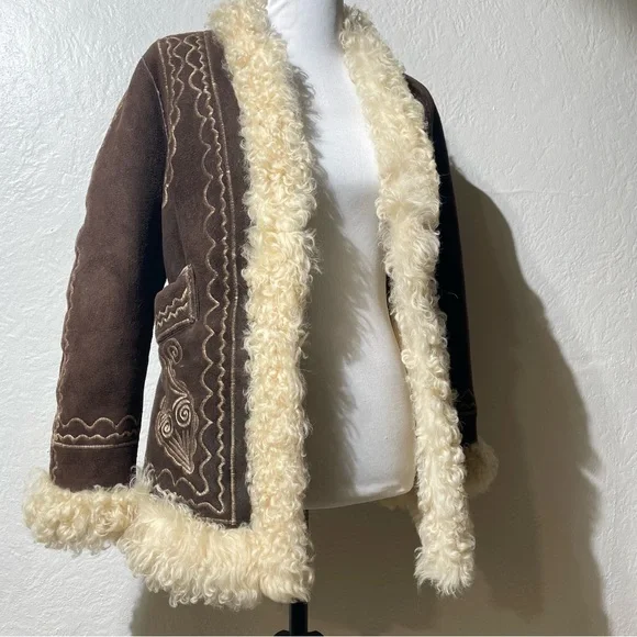 Vtg Afghan curly lamb wool shearling embroidered suede coat penny lane Mongolian - Picture 3 of 16